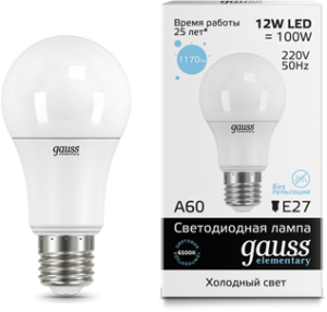 Лампа Gauss LED Elementary A60 12W E27 6500K 1/10/40 23232