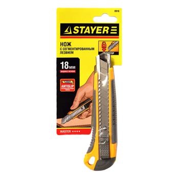 Нож STAYER "MASTER" металлический обрезиненный корпус, автостоп, 18 мм 