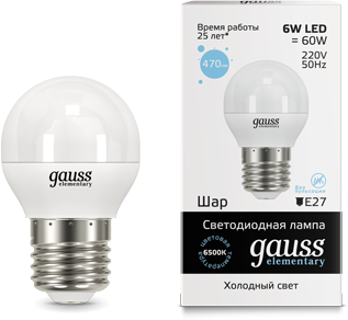 Лампа Gauss LED Elementary Globe 6W E27 6500K 1/10/100