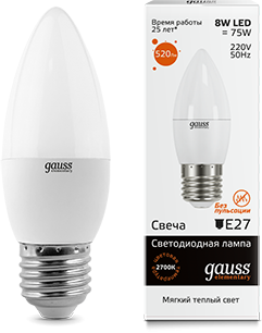 Лампа Gauss LED Elementary Candle 8W E27 2700K 33218