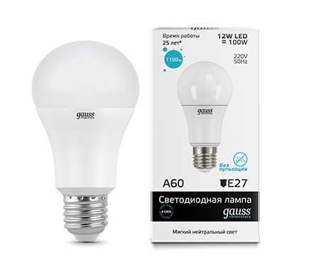 Лампа Gauss LED Elementary A60 12W E27 4100K 1/10/40 23222