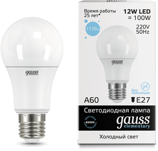 Лампа Gauss LED Elementary A60 12W E27 6500K 1/10/40 23232